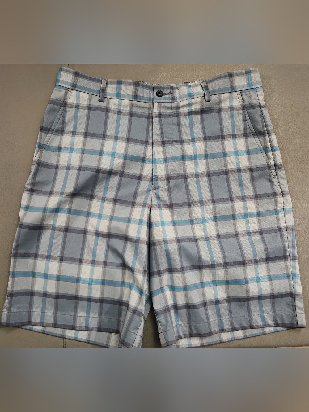 Slazenger Light Gray, White & Blue Plaid Flat Front Shorts
